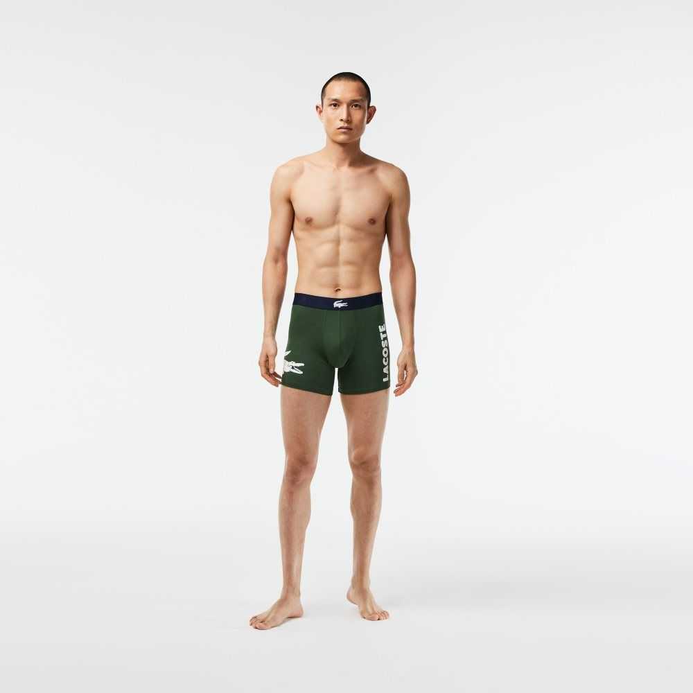 Lacoste Crocodile Midja Long Stretch Bomull Boxer Brief 3-Pack Gröna Marinblå Blå Vita | KPCRF-6187