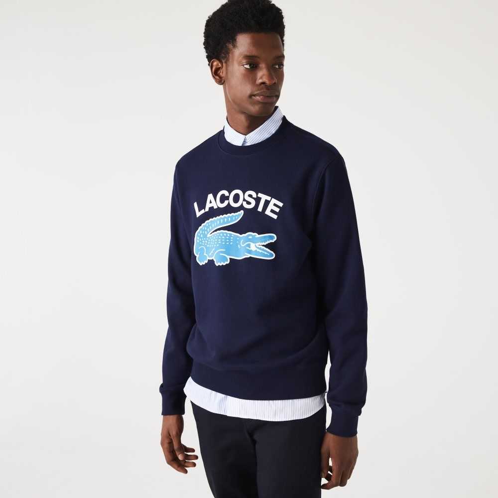 Lacoste Crocodile Print Crew Neck Marinblå Blå | PTCAY-7026