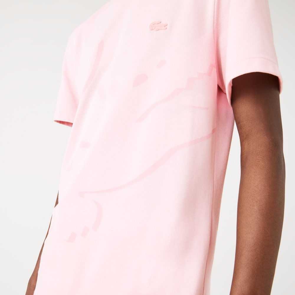 Lacoste Crocodile Print Crew Neck Stretch Organic Bomull Rosa | DUABV-5172