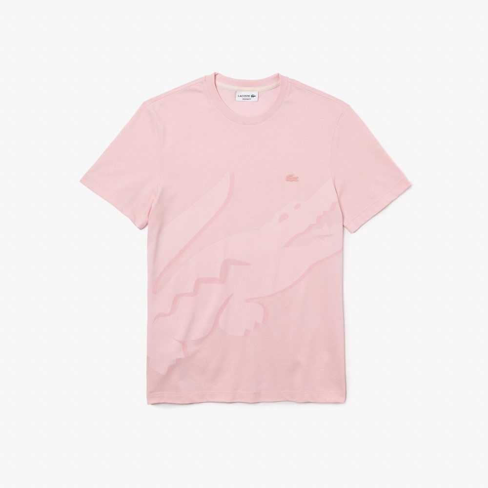 Lacoste Crocodile Print Crew Neck Stretch Organic Bomull Rosa | DUABV-5172