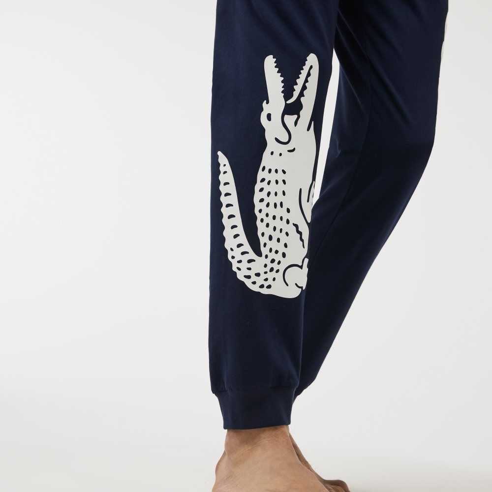 Lacoste Crocodile Print Stretch Bomull Pajama Pants Marinblå Blå Vita | FMCSJ-8791