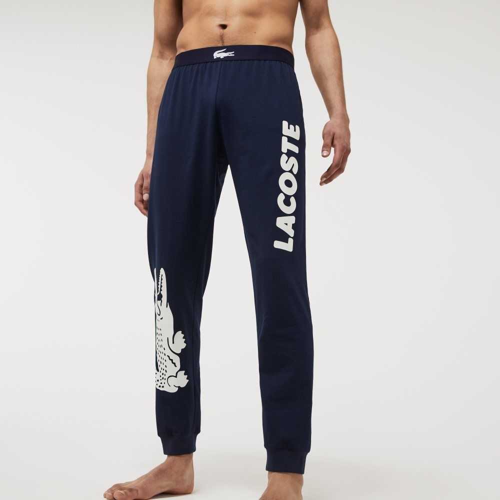 Lacoste Crocodile Print Stretch Bomull Pajama Pants Marinblå Blå Vita | FMCSJ-8791