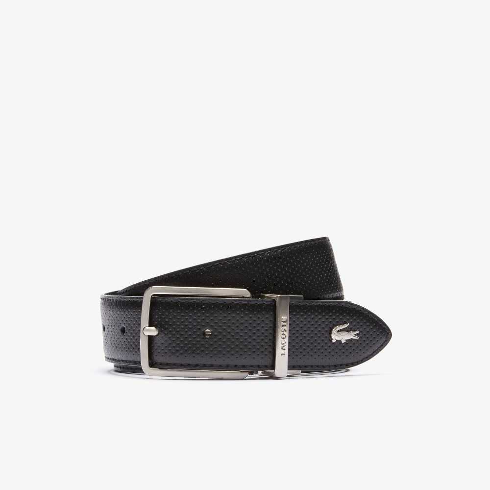 Lacoste Engraved Spännen Reversible Pique Läder Belt Svarta | PBHEZ-3149