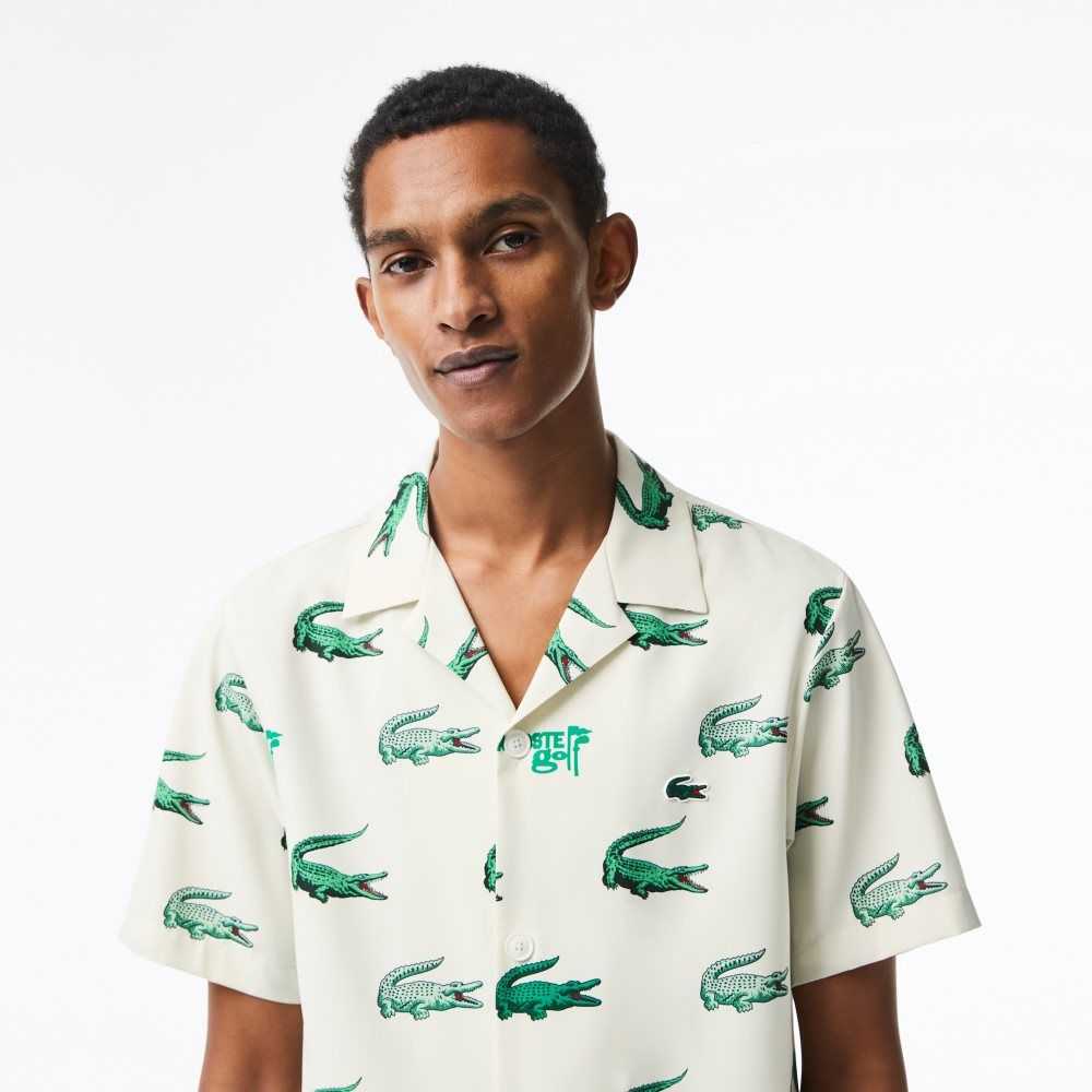 Lacoste Golf Printed Korta-Sleeve Vita | YJMNS-7368