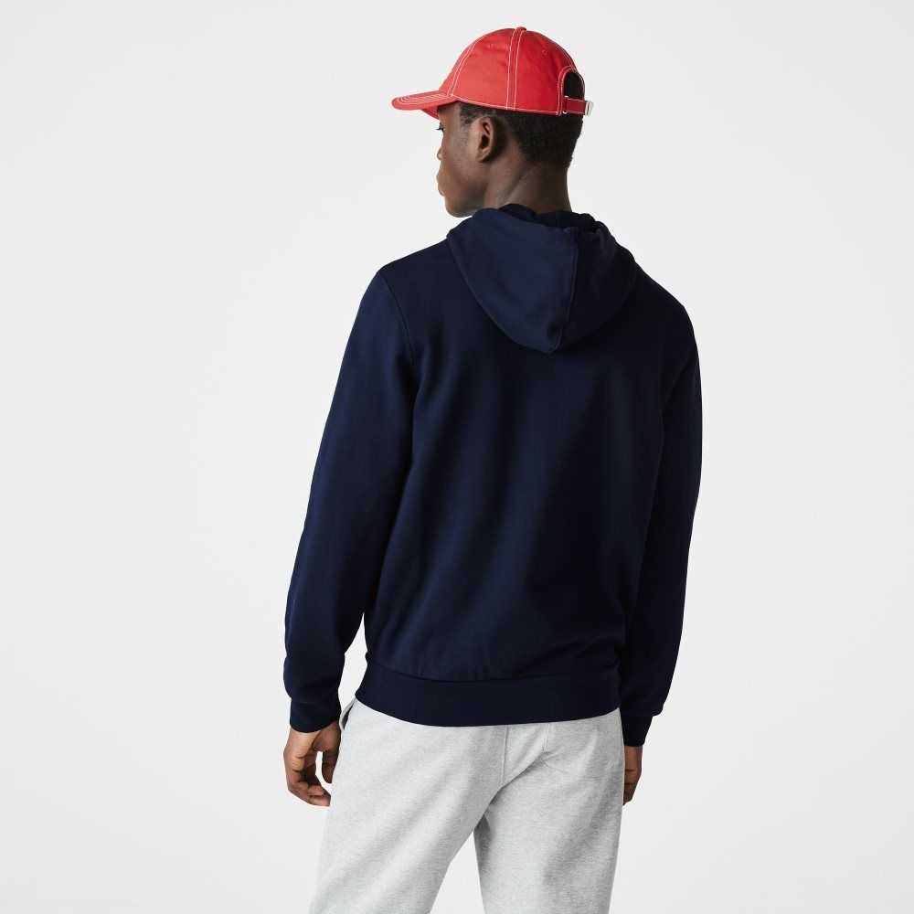 Lacoste Heritage Print Zippered Bomull Fleece Hoodie Marinblå Blå | WBFAC-8754