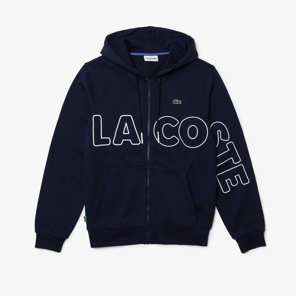 Lacoste Heritage Print Zippered Bomull Fleece Hoodie Marinblå Blå | WBFAC-8754