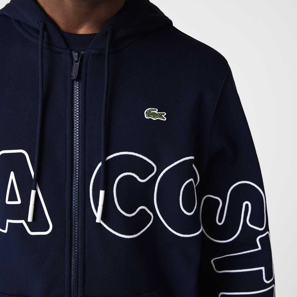 Lacoste Heritage Print Zippered Bomull Fleece Hoodie Marinblå Blå | WBFAC-8754