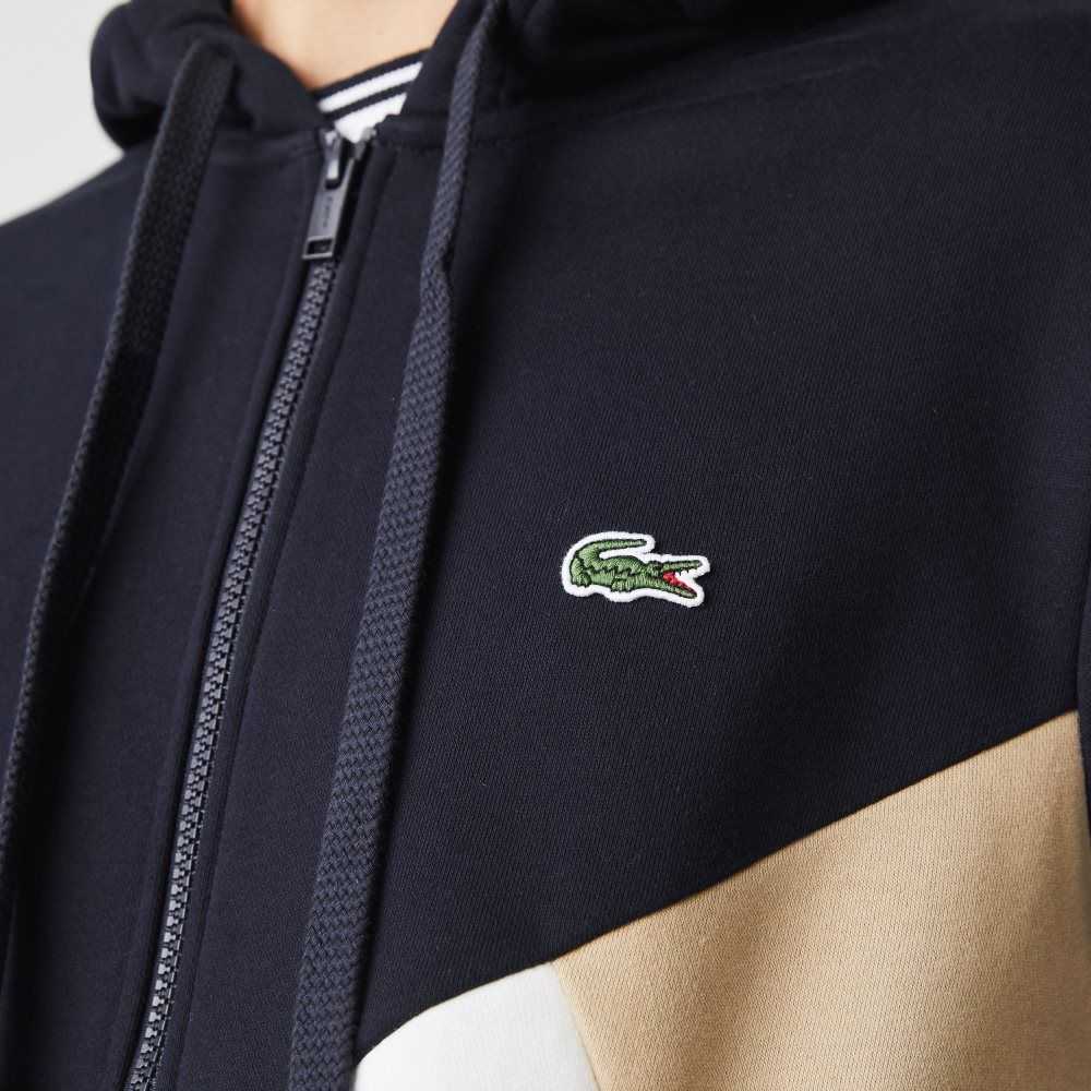 Lacoste Hooded Colorblock Lettered Fleece Zip Marinblå Blå Vita Beige | PVMHG-5481