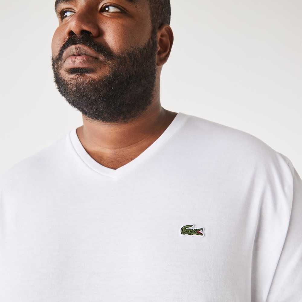 Lacoste Höga Fit Räfflad V-Neck Bomull Polo Vita | NAMBQ-7196