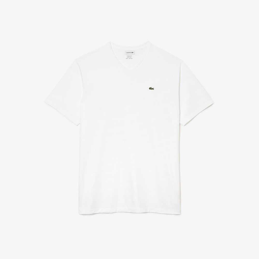 Lacoste Höga Fit Räfflad V-Neck Bomull Polo Vita | NAMBQ-7196