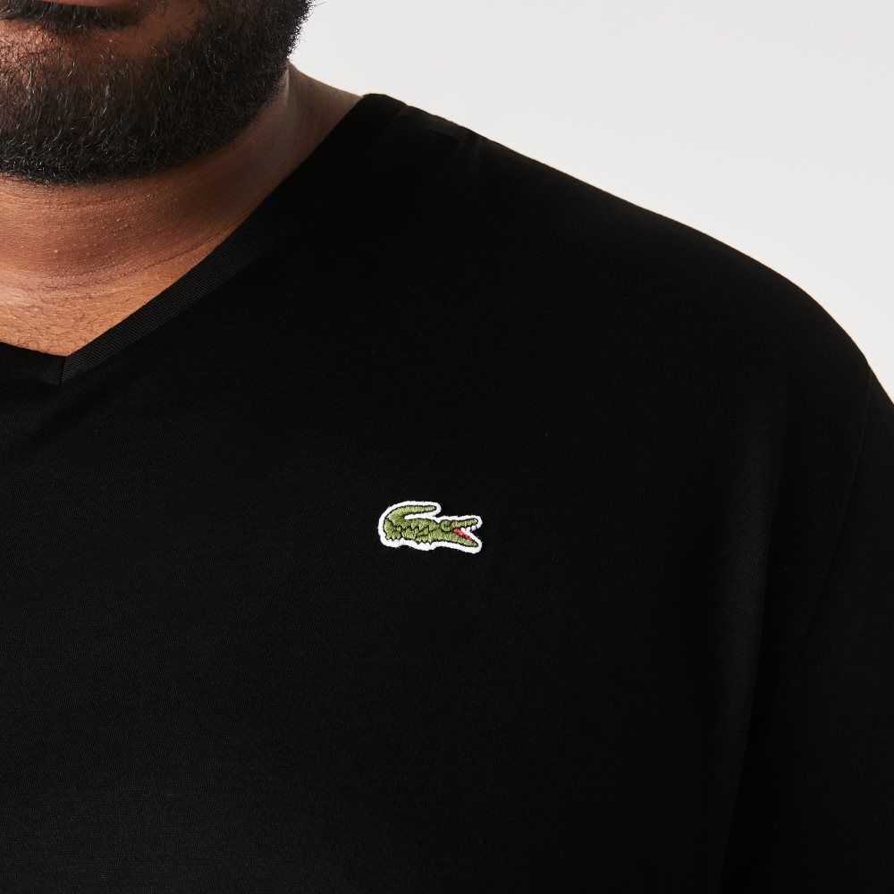 Lacoste Höga Fit Räfflad V-Neck Bomull Polo Svarta | PIRML-3406