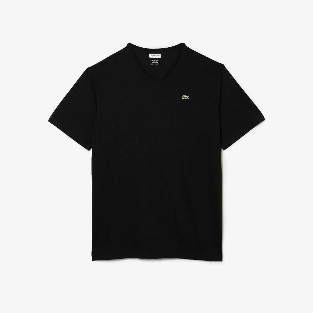 Lacoste Höga Fit Räfflad V-Neck Bomull Polo Svarta | PIRML-3406