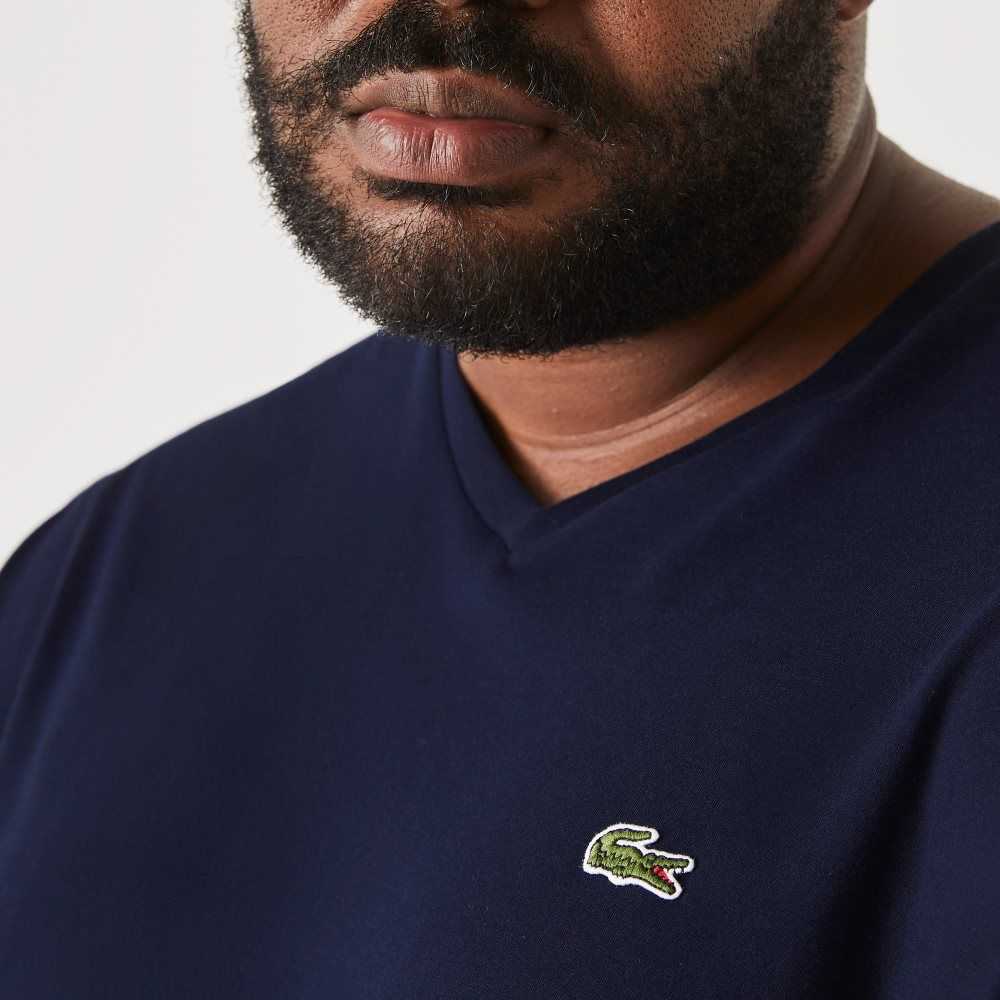 Lacoste Höga Fit Räfflad V-Neck Bomull Polo Marinblå Blå | PZOBV-3852