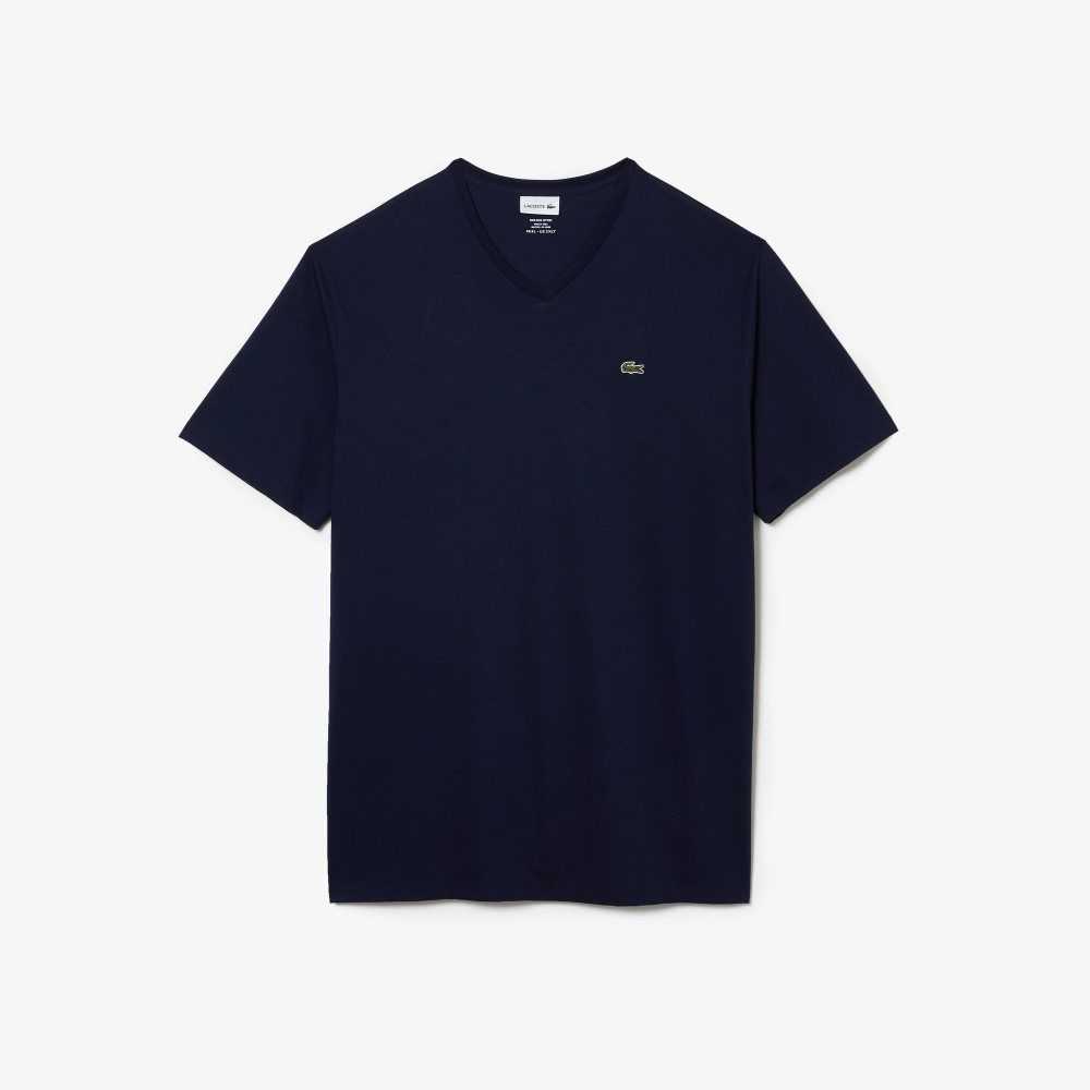 Lacoste Höga Fit Räfflad V-Neck Bomull Polo Marinblå Blå | PZOBV-3852