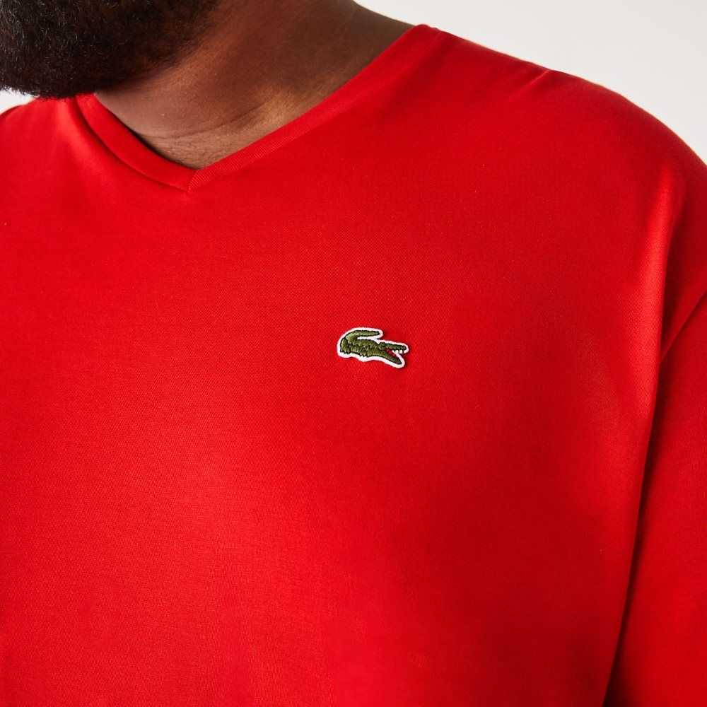 Lacoste Höga Fit Räfflad V-Neck Bomull Polo Röda | QSKEO-5693