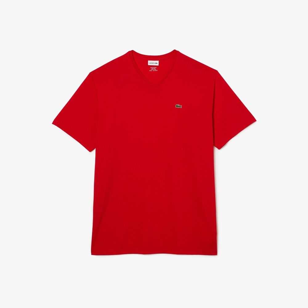 Lacoste Höga Fit Räfflad V-Neck Bomull Polo Röda | QSKEO-5693