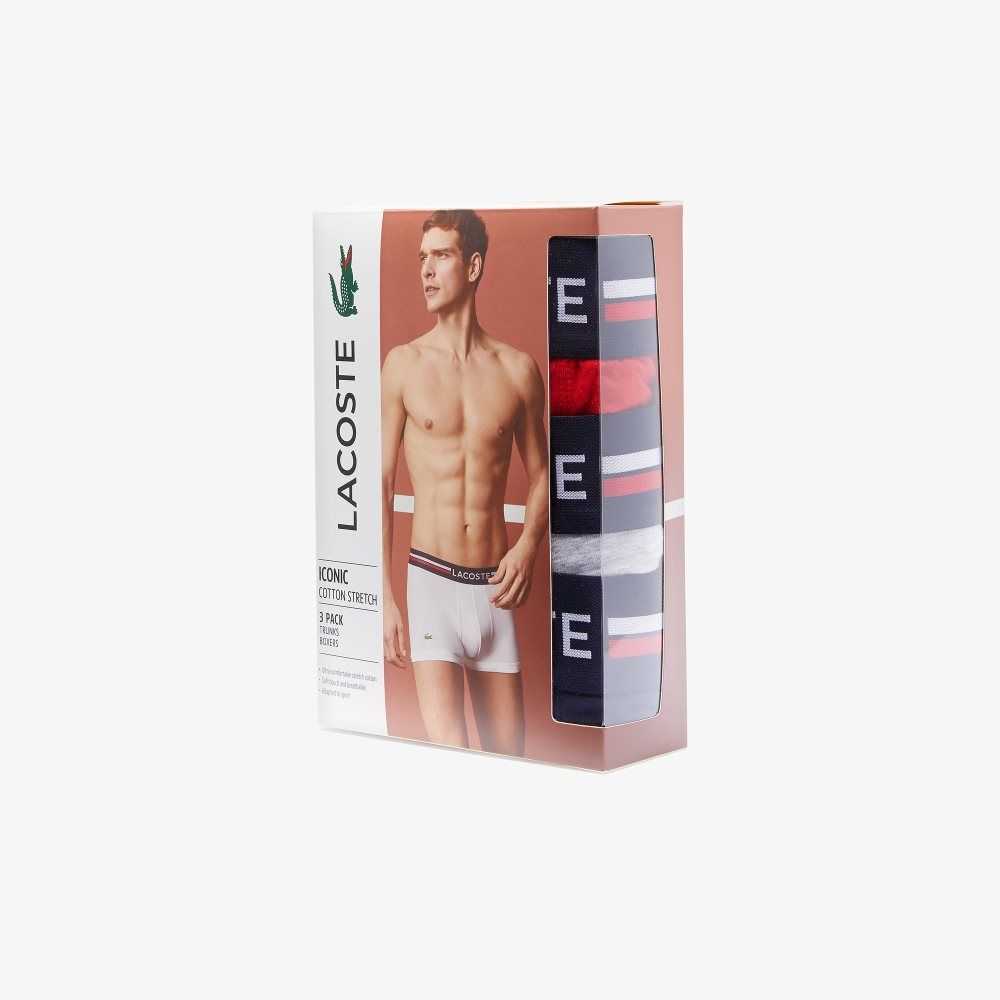 Lacoste Iconic Three-Tone Waistband Trunk 3-Pack Marinblå Blå Grå Röda | EJUNC-2719