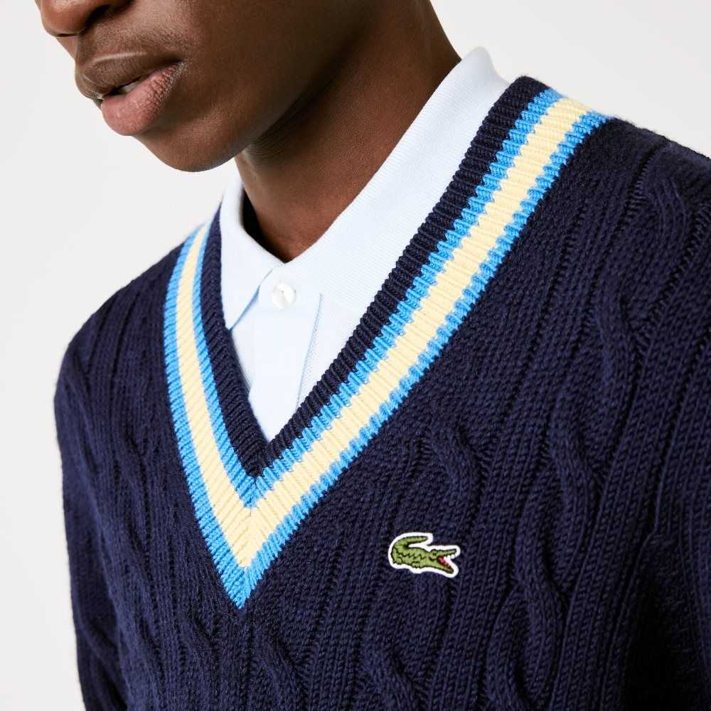 Lacoste Klassiska Fit Contrast Randig Ull Marinblå Blå Gula Blå | LOYAU-5418