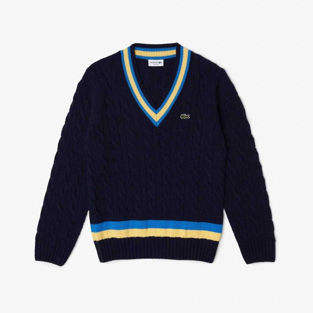 Lacoste Klassiska Fit Contrast Randig Ull Marinblå Blå Gula Blå | LOYAU-5418