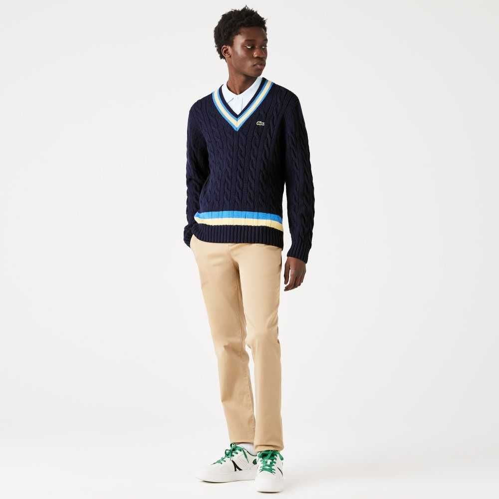 Lacoste Klassiska Fit Contrast Randig Ull Marinblå Blå Gula Blå | LOYAU-5418