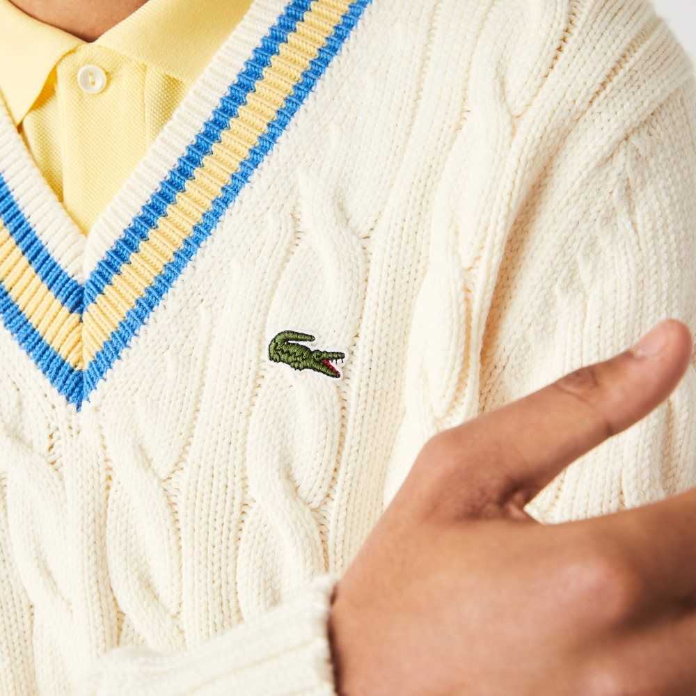 Lacoste Klassiska Fit Contrast Randig Ull Vita Gula Blå | VAXUJ-1428