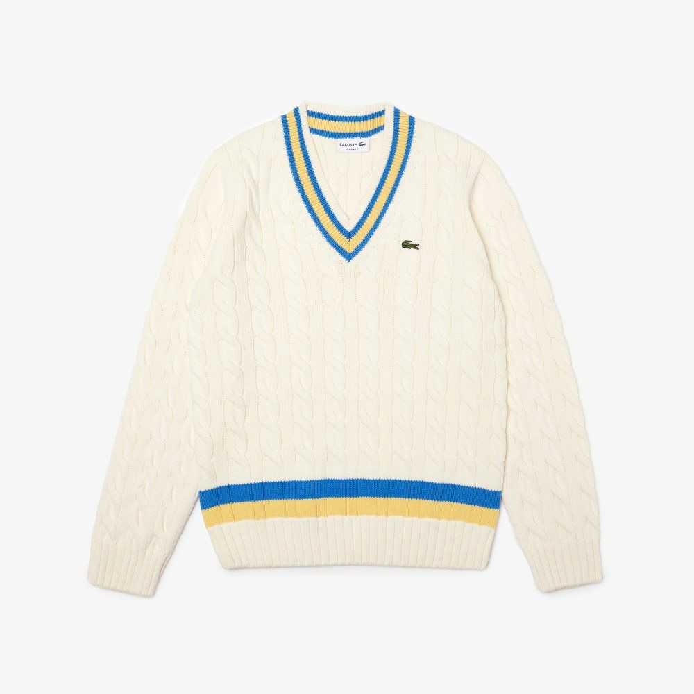 Lacoste Klassiska Fit Contrast Randig Ull Vita Gula Blå | VAXUJ-1428