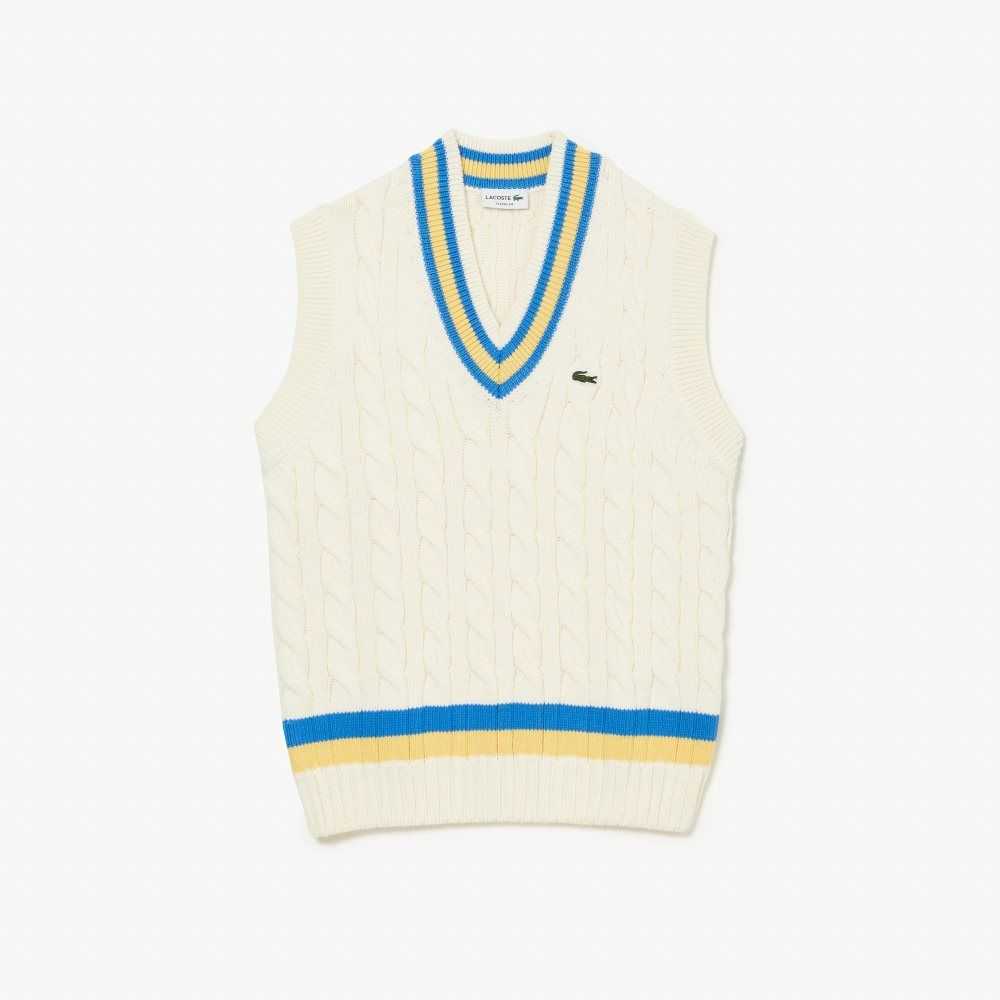 Lacoste Klassiska Fit Ull Vest Vita Gula Blå | KUEAF-1265