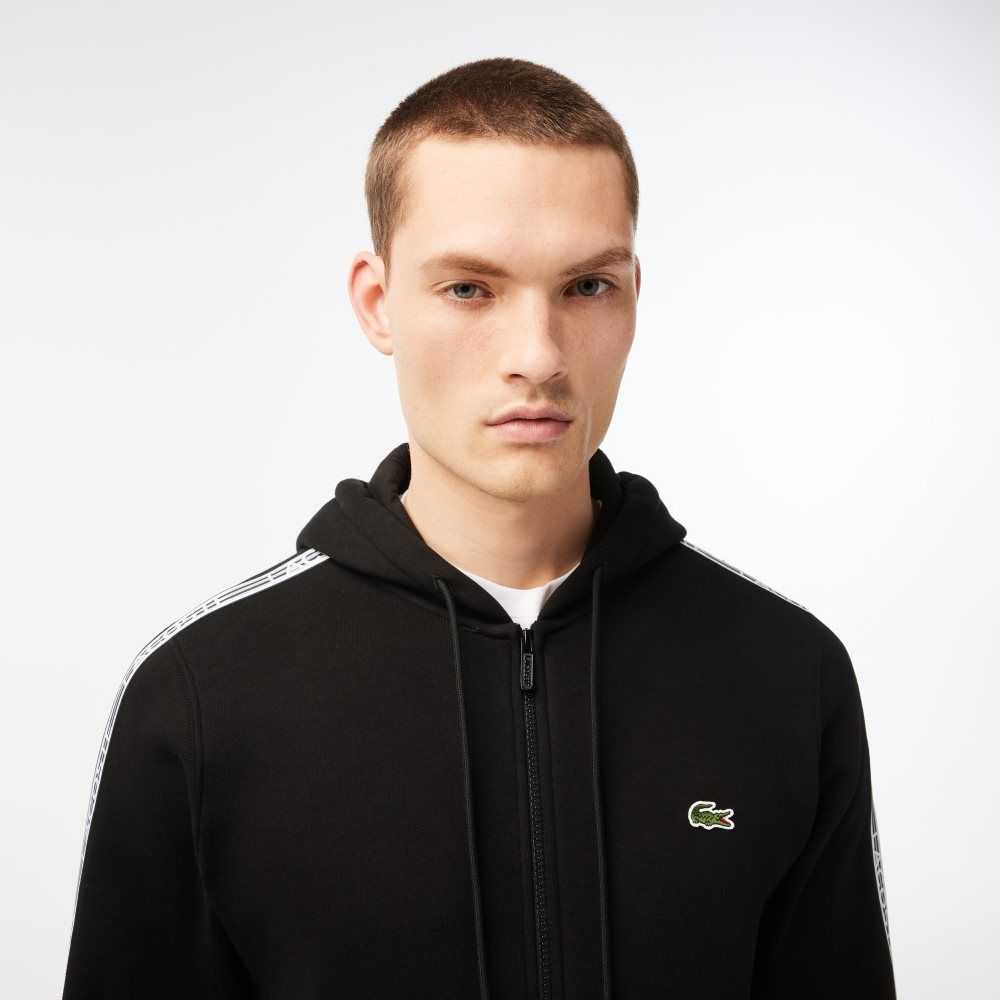 Lacoste Klassiska Fit Zipped Hoodie with Brand Stripes Svarta | OKIBA-1562