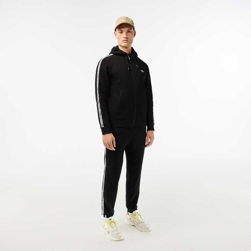 Lacoste Klassiska Fit Zipped Hoodie with Brand Stripes Svarta | OKIBA-1562