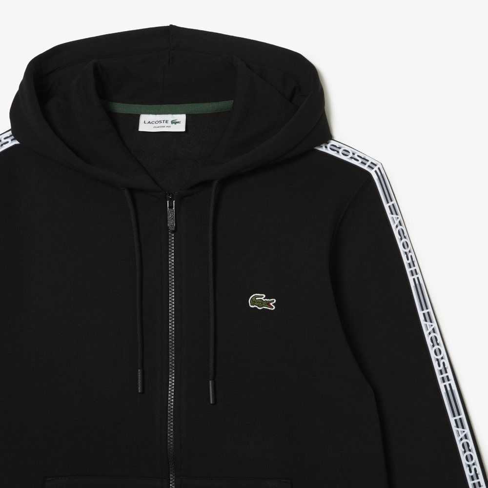 Lacoste Klassiska Fit Zipped Hoodie with Brand Stripes Svarta | OKIBA-1562