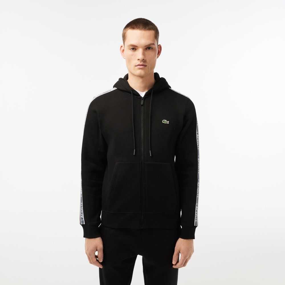 Lacoste Klassiska Fit Zipped Hoodie with Brand Stripes Svarta | OKIBA-1562