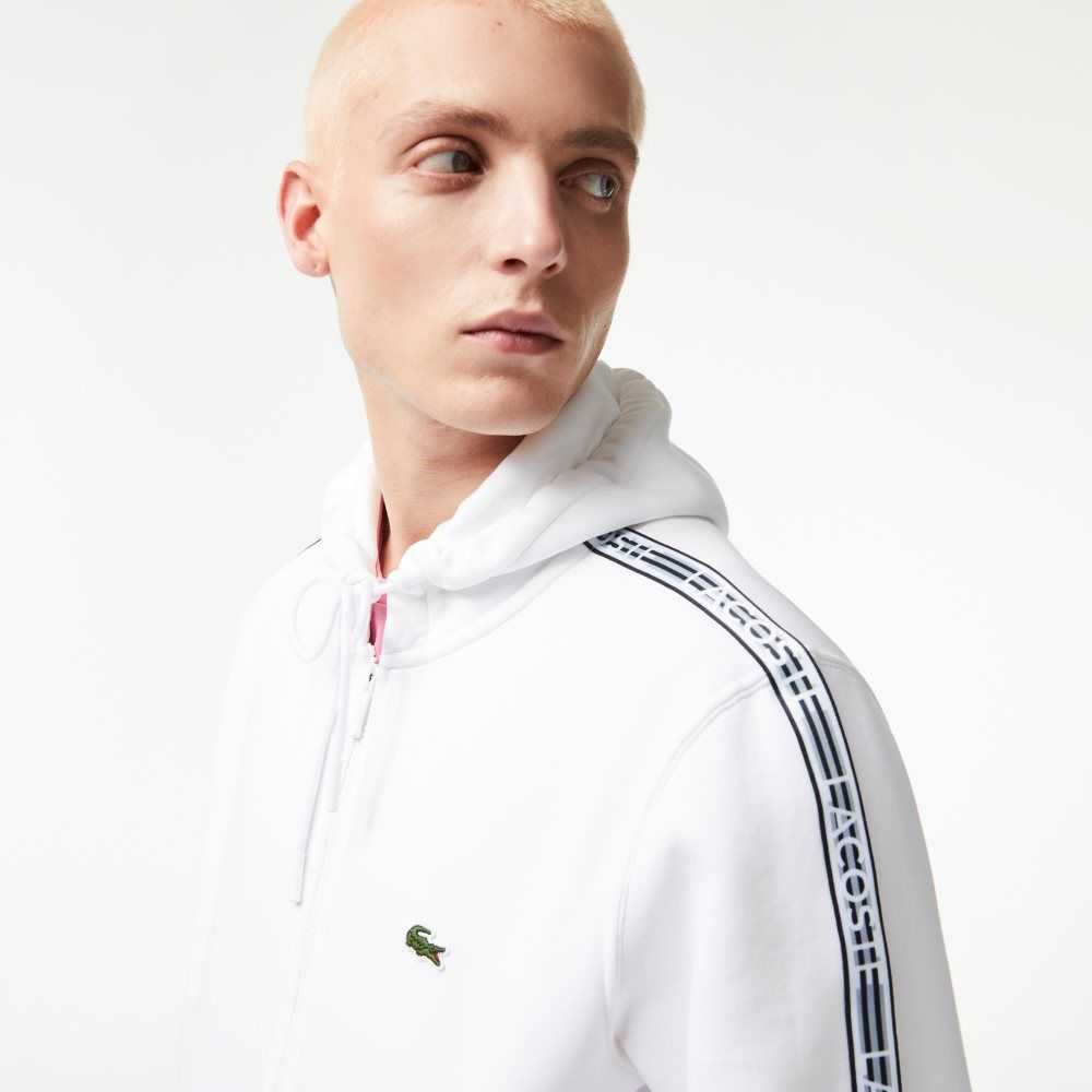 Lacoste Klassiska Fit Zipped Hoodie with Brand Stripes Vita | QOAZH-9718