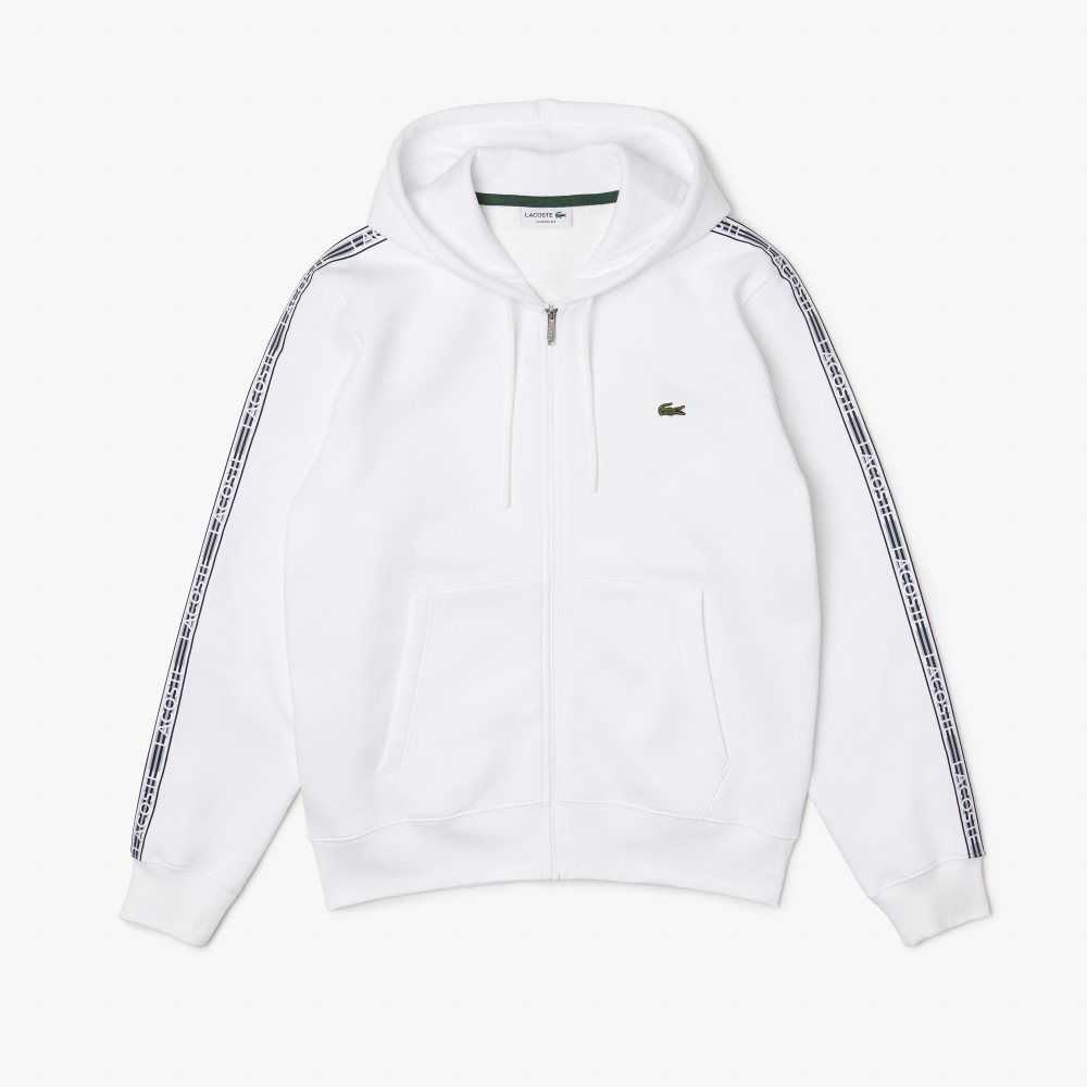 Lacoste Klassiska Fit Zipped Hoodie with Brand Stripes Vita | QOAZH-9718