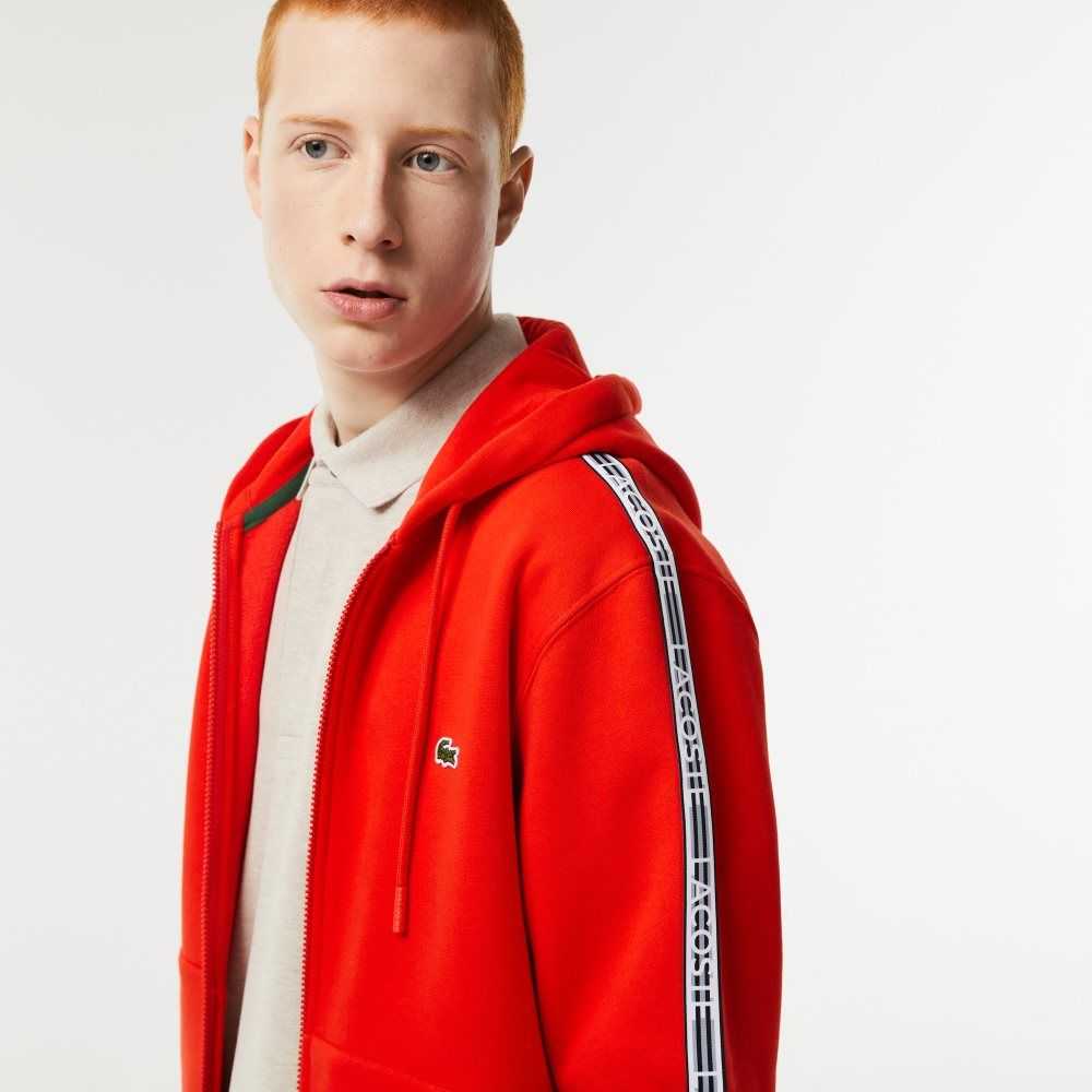 Lacoste Klassiska Fit Zipped Hoodie with Brand Stripes Röda | UVLBM-0769