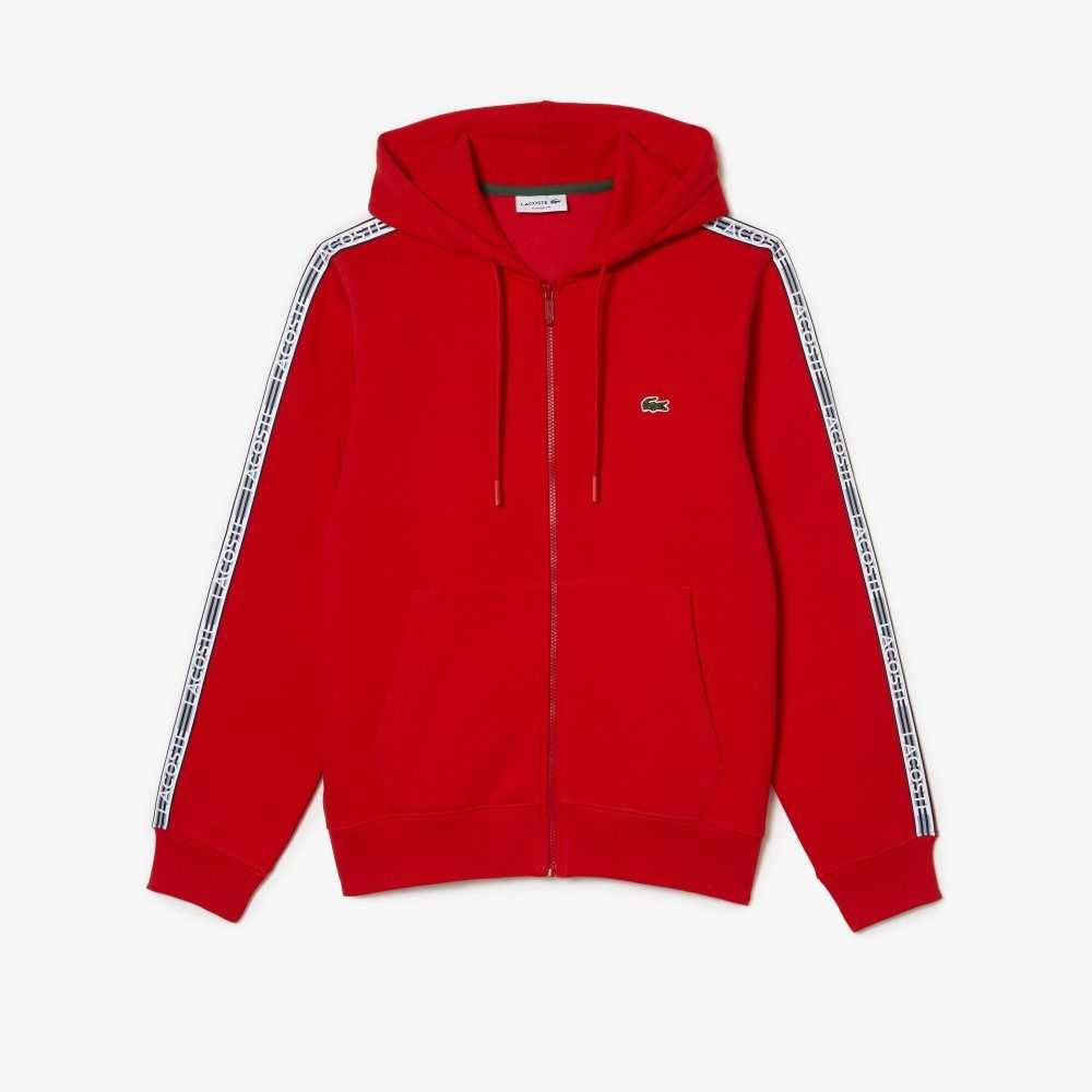 Lacoste Klassiska Fit Zipped Hoodie with Brand Stripes Röda | UVLBM-0769