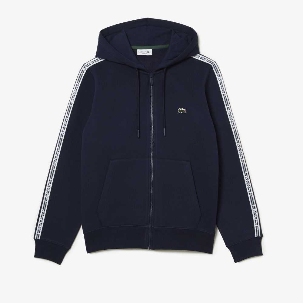 Lacoste Klassiska Fit Zipped Hoodie with Brand Stripes Marinblå Blå | XJMHB-2914