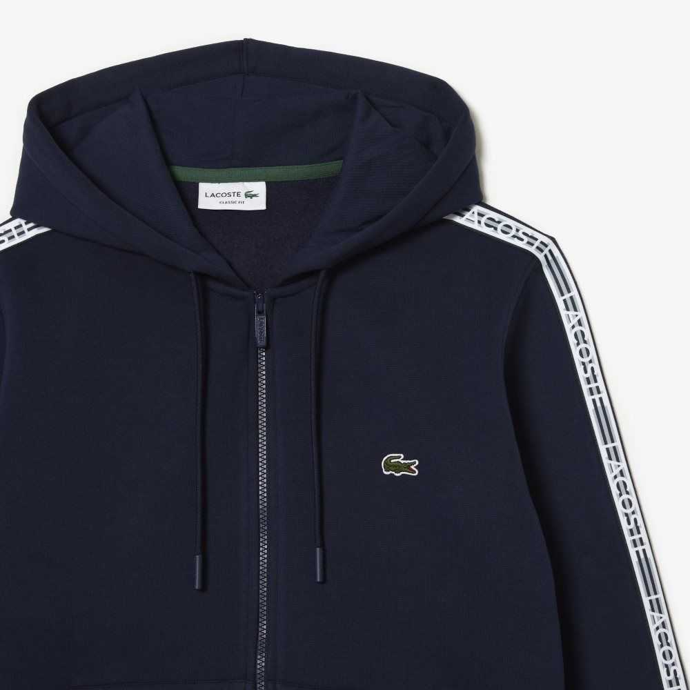 Lacoste Klassiska Fit Zipped Hoodie with Brand Stripes Marinblå Blå | XJMHB-2914