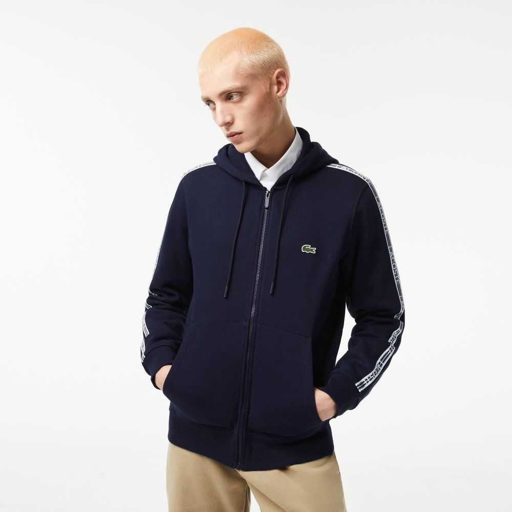 Lacoste Klassiska Fit Zipped Hoodie with Brand Stripes Marinblå Blå | XJMHB-2914