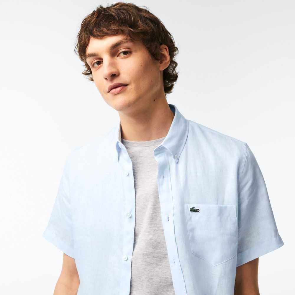 Lacoste Korta Sleeve Linen Ljusblå | MRXIA-1634