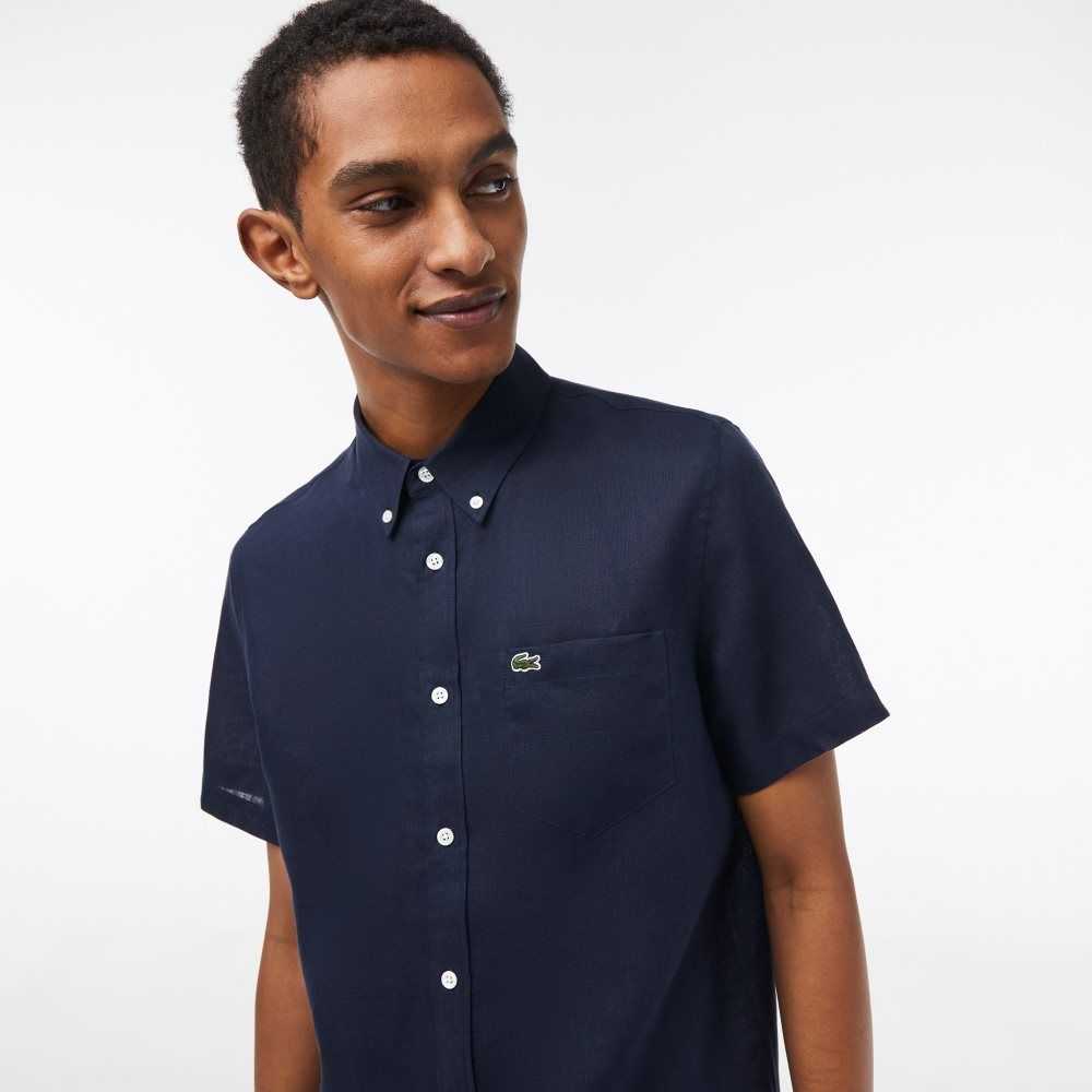 Lacoste Korta Sleeve Linen Marinblå Blå | IZXFH-7418