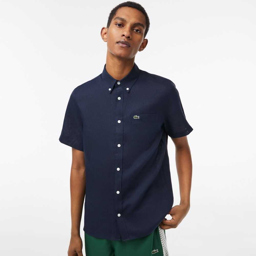 Lacoste Korta Sleeve Linen Marinblå Blå | IZXFH-7418