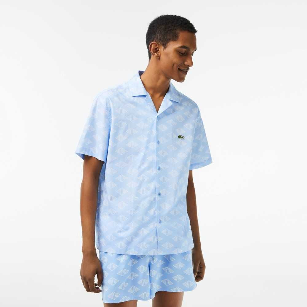 Lacoste Korta Sleeve Monogram Print Blå Vita | LQEDU-7416