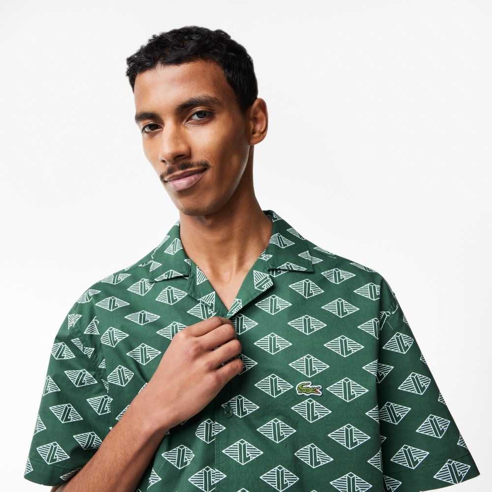 Lacoste Korta Sleeve Monogram Print Gröna Vita | XVDNL-8475