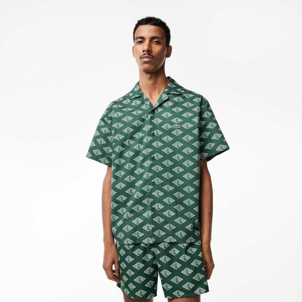 Lacoste Korta Sleeve Monogram Print Gröna Vita | XVDNL-8475