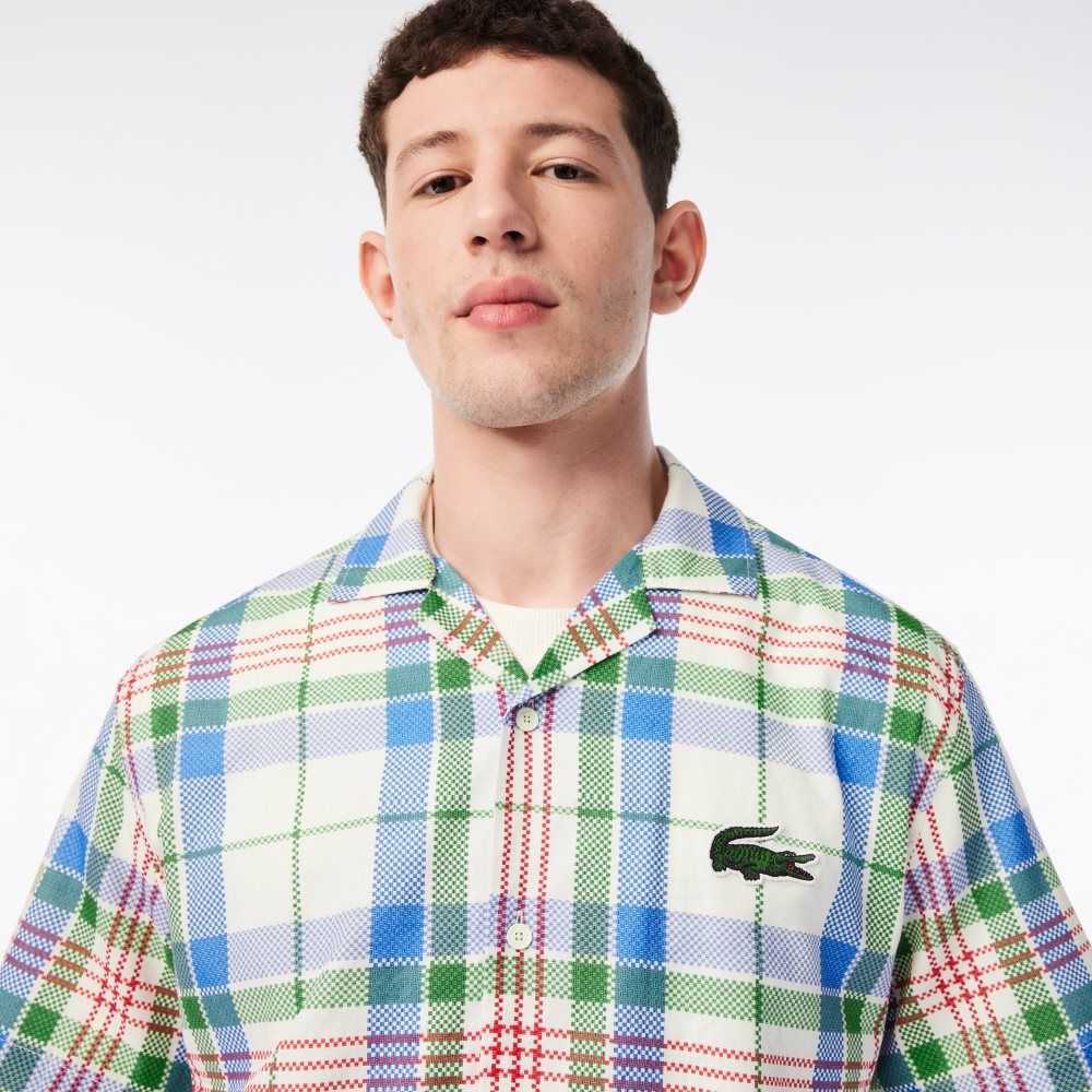 Lacoste Korta Sleeve Organic Bomull Check Vita | WESHP-7159