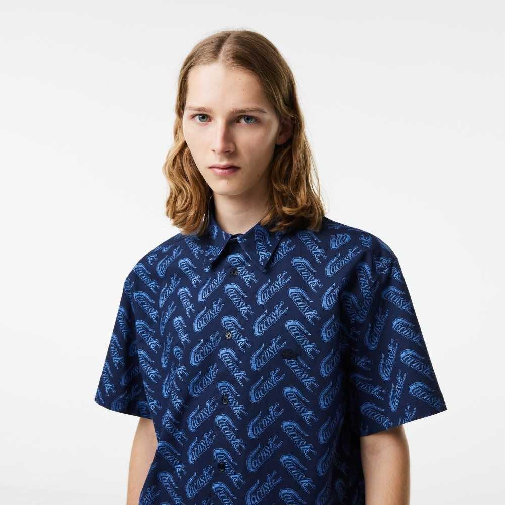 Lacoste Korta Sleeve Vintage Print Marinblå Blå Blå | ZEFLY-6514