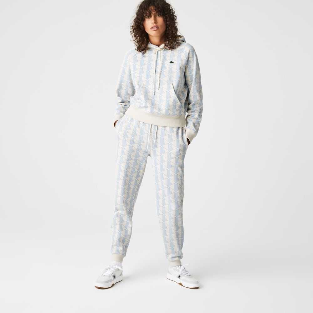 Lacoste LIVE Monogram Design Fleece Tracksuit Vita Blå | HMWXO-9321