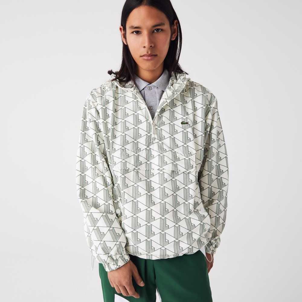 Lacoste LIVE Monogram Patterned Pullover Windbreaker Vita Gröna | RCUSY-8792