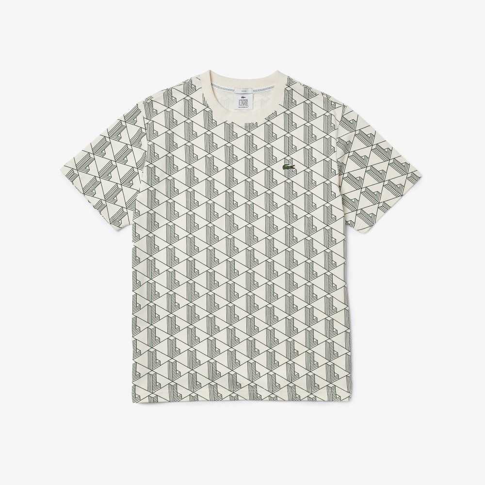 Lacoste LIVE Monogram Print Bomull Vita Gröna | FPLYJ-6492