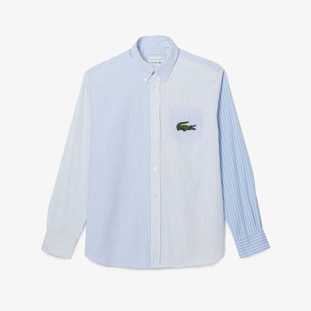 Lacoste Large Crocodile Randig Bomull Shirt Vita Blå | HGQSP-7465